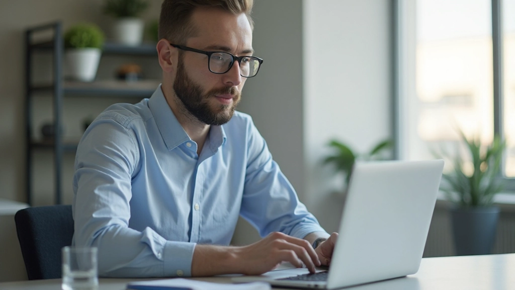 Успешный предприниматель работает в современном офисе с ноутбуком и планами