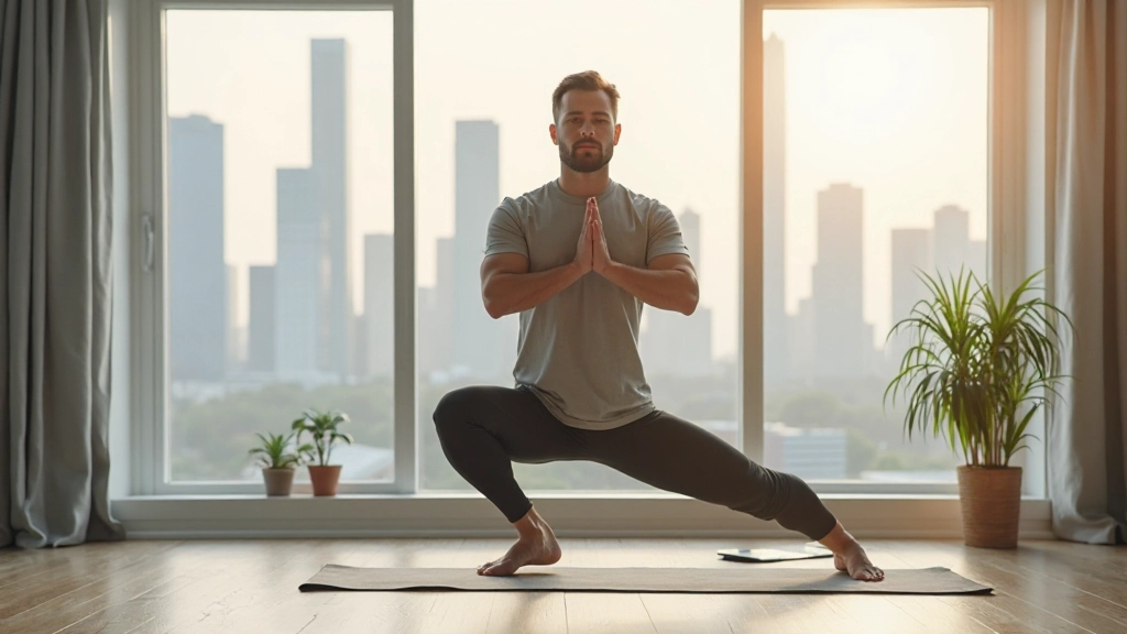 Успешный предприниматель выполняет утреннюю йогу в современной квартире с видом на город на фоне
