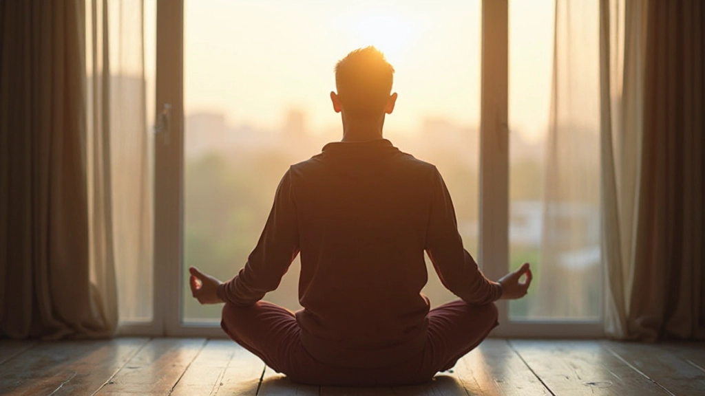 Предприниматель медитирует в спокойной обстановке офиса утром