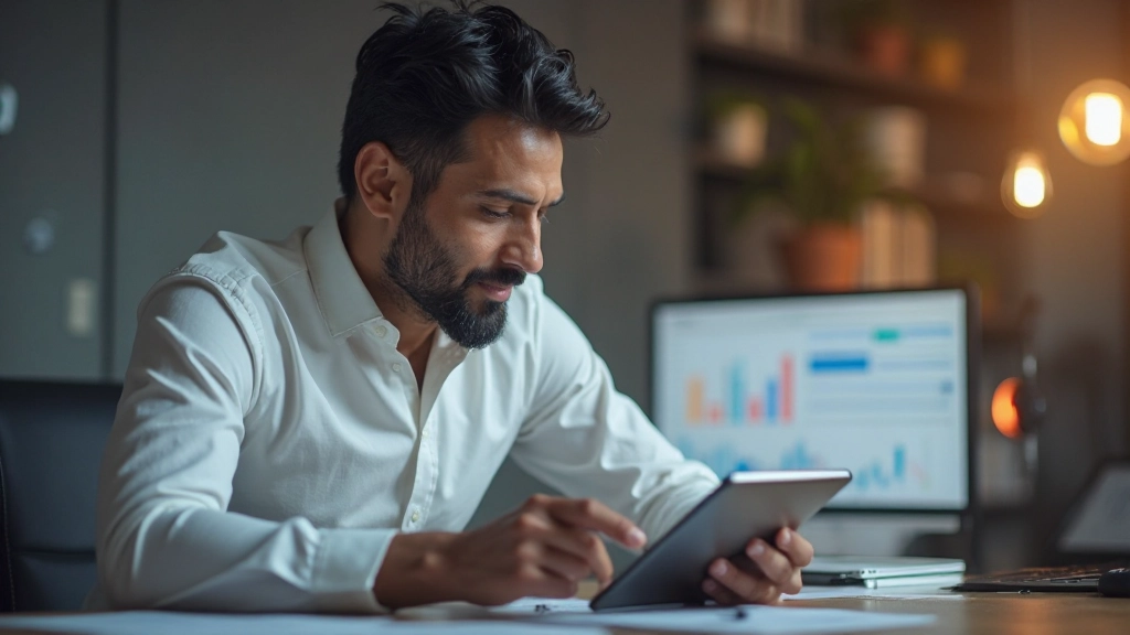 Бизнесмен анализирует финансовые данные на цифровом устройстве