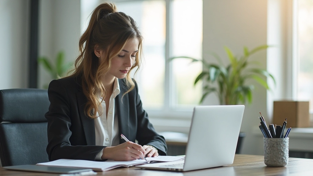 Успешный предприниматель работает за организованным рабочим столом с ноутбуком
