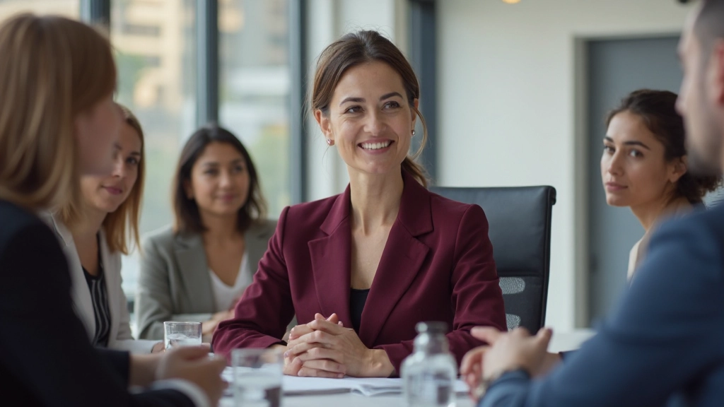 Предпринимательница ведет стратегическую встречу с командой в современном офисе